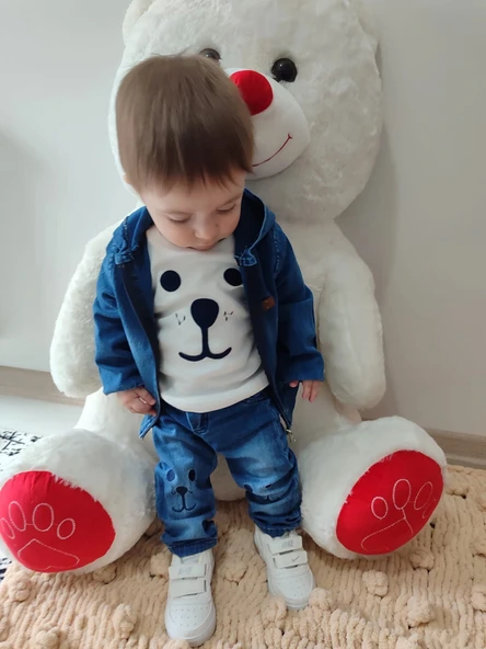 Defnada Kot Kumaş Kapüşonlu Uzun Kol Sweatli Kot Kumaş 3'lü Erkek Bebek Takımı - 8