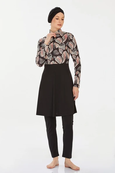 Rozamay 9224 Siyah Tam Boy Lycralı Dijital Desen Tesettür Mayo - Resim 4