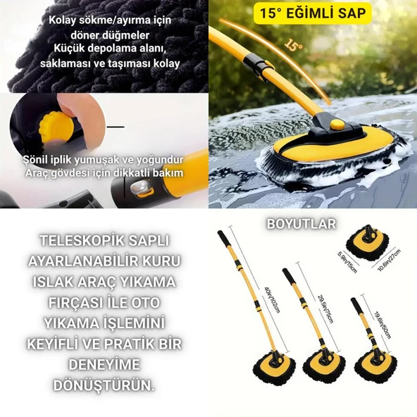 Coofbe Profesyonel Eğimli Teleskopik Mikrofiber Araç Yıkama Fırçası Kuru Islak Oto Yıkama Fırçası - 4
