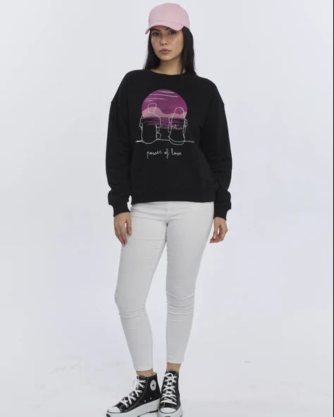 Kadife Gün Batımı Desenli Siyah Yumuşak Dokulu Regular Fit Bisiklet Yaka Kadın Sweatshirt - 2