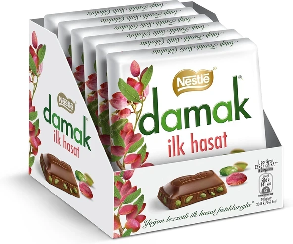 Nestle Damak İlk Hasat Sütlü Antep Fıstıklı Kare Çikolata, 60 g x 6 Adet - 1