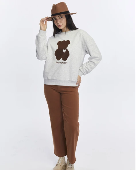 Kadife Be Yourself Desenli Gri Melanj Yumuşak Dokulu Regular Fit Bisiklet Yaka Kadın Sweatshirt - 2