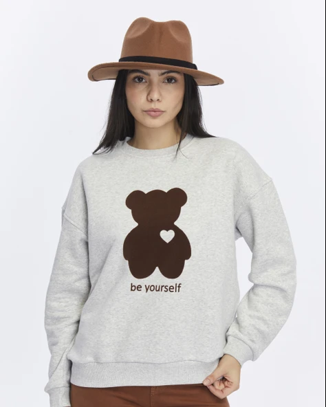 Kadife Be Yourself Desenli Gri Melanj Yumuşak Dokulu Regular Fit Bisiklet Yaka Kadın Sweatshirt