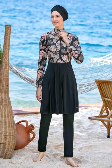 Rozamay 9224 Siyah Tam Boy Lycralı Dijital Desen Tesettür Mayo - Resim 6