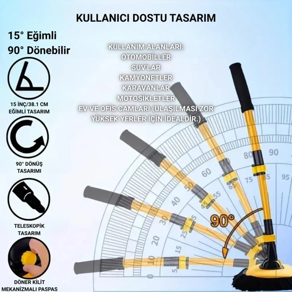 Polham 100CM Uzayabilen Teleskopik Saplı Kuru Islak Araç Temizleme Fırçası, İz ve Çizik Bırkaz Fırça - 3