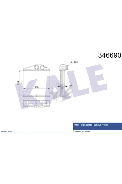 Kale 346690 OTO Radyatör  Kalorifer Radyatörü Corsa C 00- Combo 00- Tigra B 04- Brazıng ürün görseli
