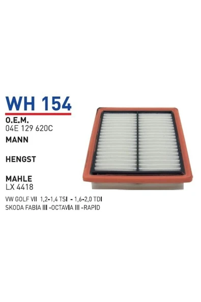 Wunder WH154 Wh154 Hava Filtresi - Skoda Fabia Iıı-octavia Iıı -rapid -vw Golf Vıı 1,2-1,4 Tsi /1,6-2,0 T Uyumlu ürün görseli 1