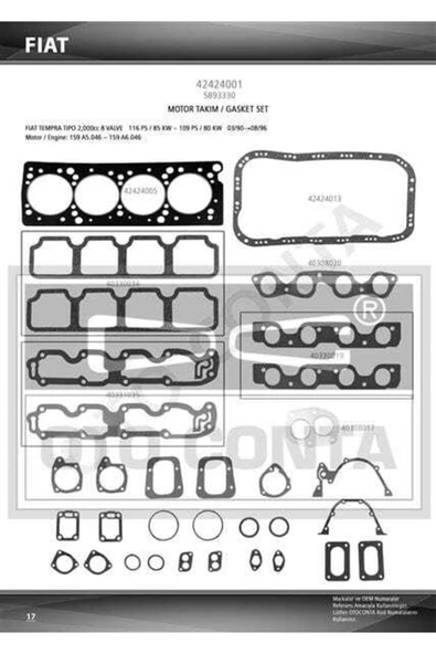 42424001 Motor Takım Conta Tempra Tipo 2.0 8v Keçesiz ürün görseli