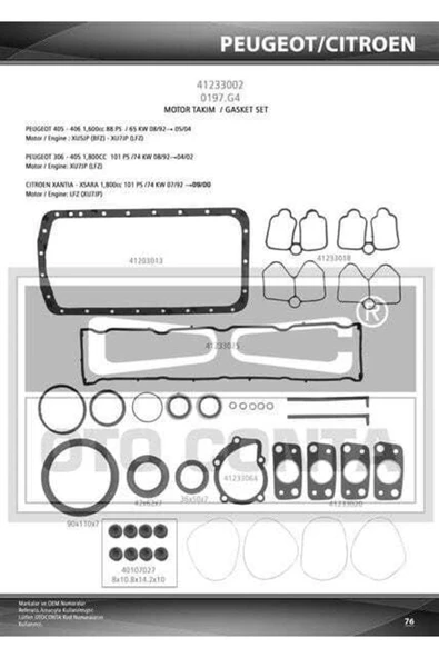 41233002 Motor Takım Conta 306 405 Bfz Xu5jp Lfz Tam Keçelı ürün görseli