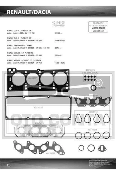 40116103 Motor Takım Conta Üst 1.4 8v E7j Keçelı ürün görseli