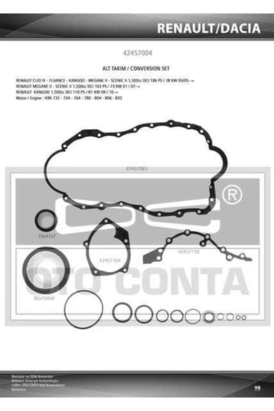 42457004 Motor Takım Conta Alt Clıo Iıı Clıo Iı Megane Iı Scenic Iı 1.5 Dcı Keçe Metal ürün görseli