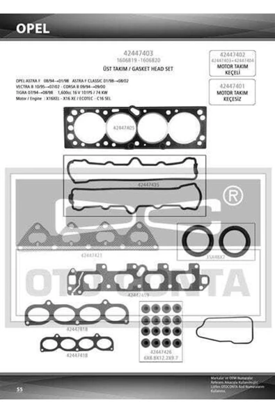 42447403 Motor Takım Conta Üst Astra F G Vectra B Corsa B Zafira 95- 1.6 16v X16xel Keçelı - 1