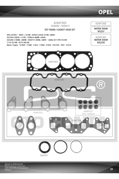 42447303 Motor Takım Conta Üst Astra Vectra A Ascona 1.6 C16nz 93 Keçelı ürün görseli