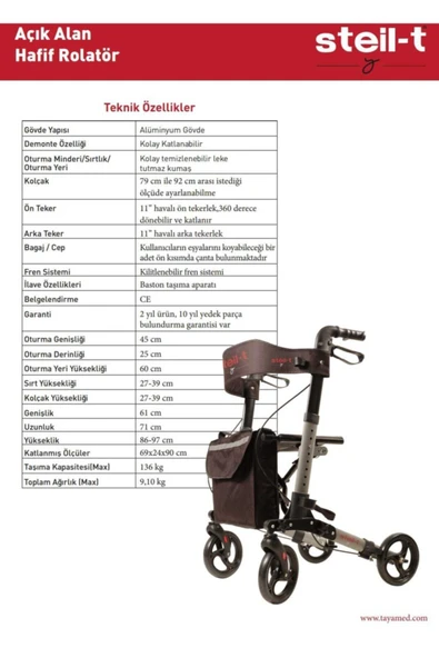 STEİL-T Rolatör Tekerlekli Oturaklı Yürüteç - Resim 4