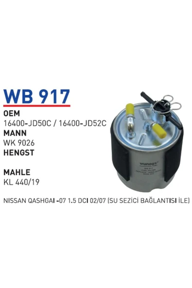 Wunder WB917 Wb917 Uyumlu Mazot Filtresi - Nissan Qashgai -07 1.5 Dci 02/07 Su Sezici Bağlantısı Ile ürün görseli 1