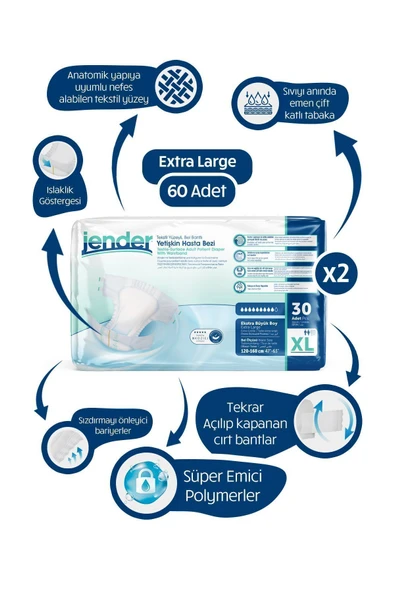 JENDER Bel Bantlı Hasta Bezi 30'lu X-large 2 Paket