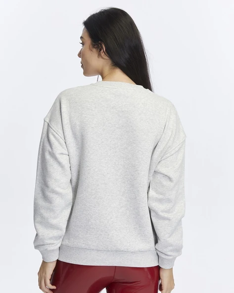 Kadife Love Yourself Desenli Gri Melanj Yumuşak Dokulu Regular Fit Bisiklet Yaka Kadın Sweatshirt - 2