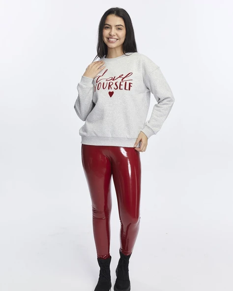 Kadife Love Yourself Desenli Gri Melanj Yumuşak Dokulu Regular Fit Bisiklet Yaka Kadın Sweatshirt