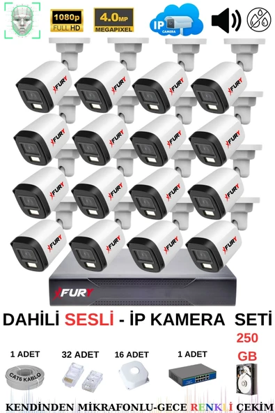 FURY Ip Güvenlik Kamera Seti 16 Kameralı Sesli 4mp Gece Renkli Su Geçirmez Ip5515s 250gb - 2