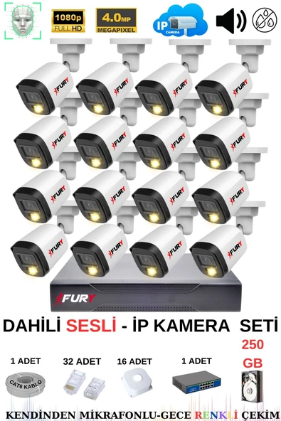 FURY Ip Güvenlik Kamera Seti 16 Kameralı Sesli 4mp Gece Renkli Su Geçirmez Ip5515s 250gb