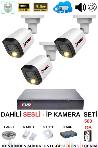 FURY Ip Güvenlik Kamera Seti 3 Kameralı Sesli 4mp Gece Renkli Su Geçirmez Ip5515s 500gb