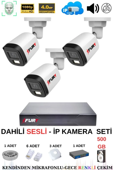 FURY Ip Güvenlik Kamera Seti 3 Kameralı Sesli 4mp Gece Renkli Su Geçirmez Ip5515s 500gb - 2