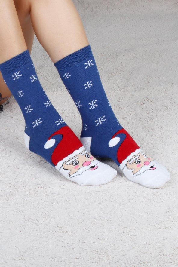 Noel Baba Ve Kar Tanesi Desenli Mavi-Beyaz Christmas Yılbaşı Çorabı