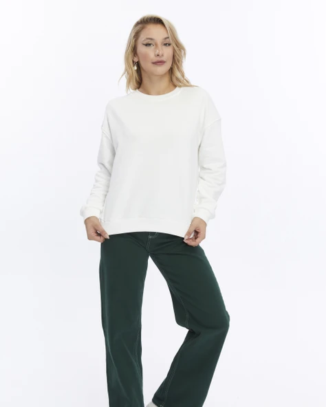 Kadife True Self Love Desenli Ekru Yumuşak Dokulu Regular Fit Bisiklet Yaka Kadın Sweatshirt - 2