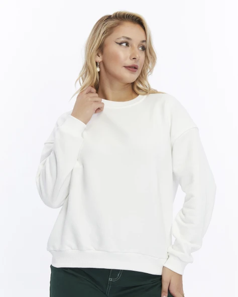 Kadife True Self Love Desenli Ekru Yumuşak Dokulu Regular Fit Bisiklet Yaka Kadın Sweatshirt