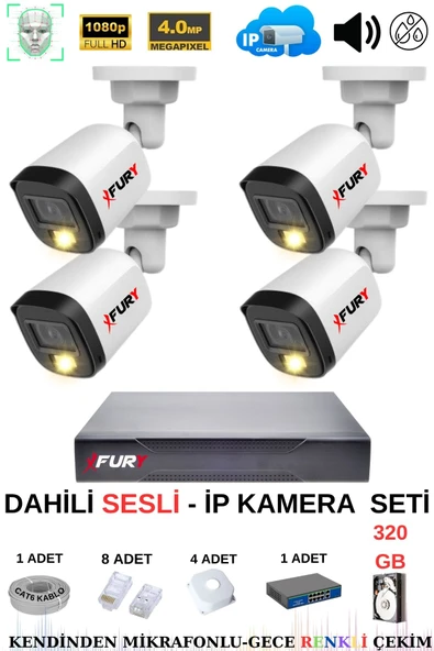 FURY Ip Güvenlik Kamera Seti 4 Kameralı Sesli 4mp Gece Renkli Su Geçirmez Ip5515s 320gb