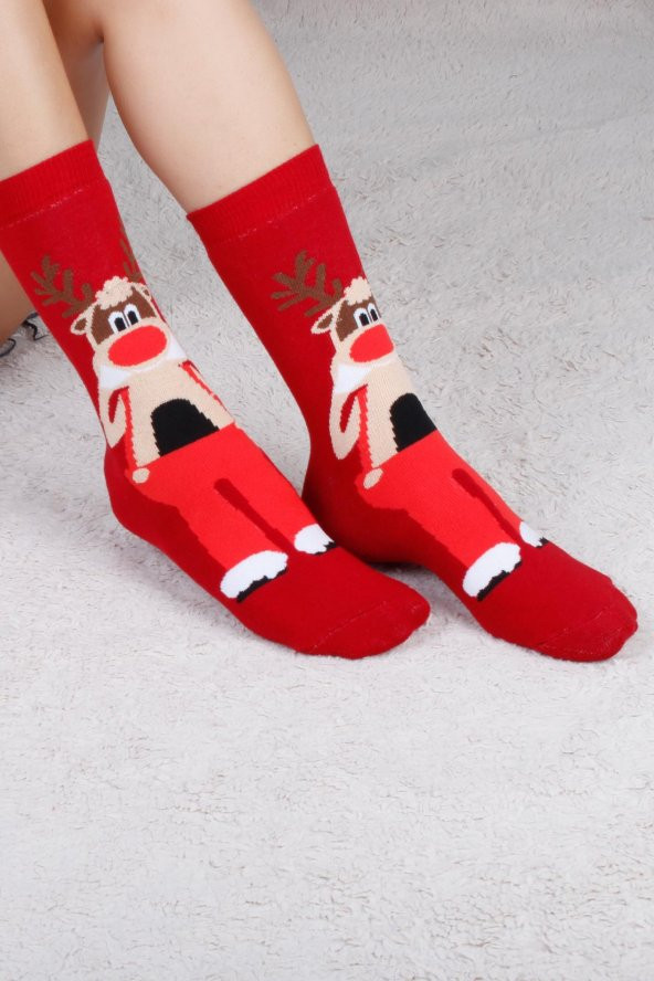 Geyik Desenli Kırmızı Christmas Yılbaşı Çorabı