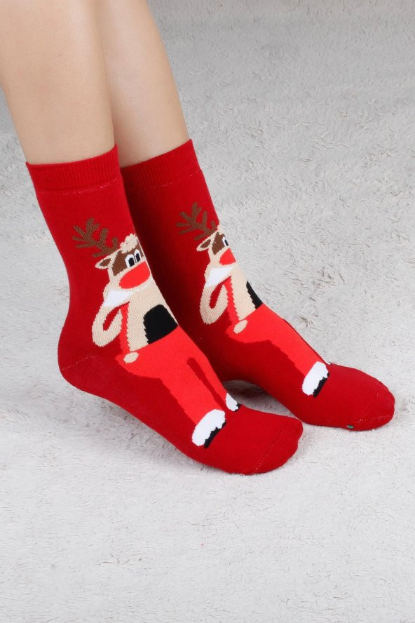 Geyik Desenli Kırmızı Christmas Yılbaşı Çorabı - 2