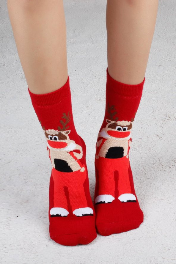 Geyik Desenli Kırmızı Christmas Yılbaşı Çorabı - 4