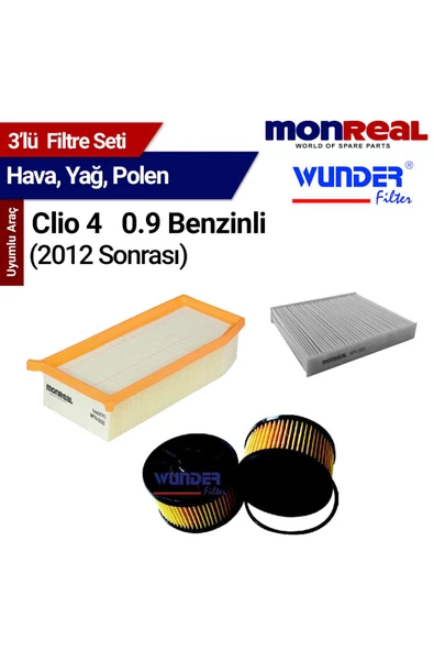Monreal 3 Clio 4 0.9 Benzinli 2012 Sonrası Filtre Seti (Hava-Yağ-Polen) - -WUNDER