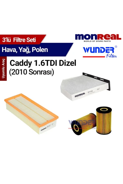 Monreal 3 Caddy 1.6 TDI Dizel (2010 Sonrası) Filtre Seti (Hava-Yağ-Polen) - - 1