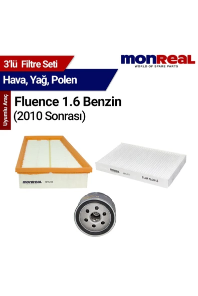 Monreal 3 Fluence 1.6 Benzin 2010 ve Sonrası Filtre Seti (Hava-Yağ-Polen) -