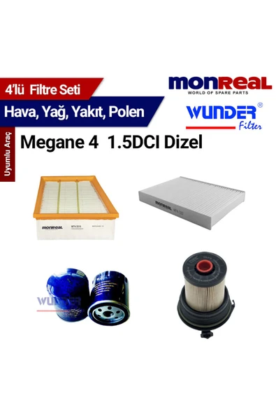 Monreal 4 Megane  1.5DCI Dizel Filtre Seti (Hava-Yağ-Yakıt-Polen) - -WUNDER