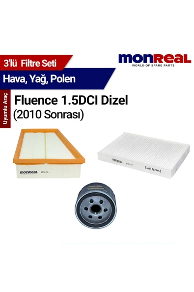 Monreal 3P Fluence 1.5DCI Dizel 2010 ve Sonrası Filtre Seti (Hava-Yağ-Polen) -