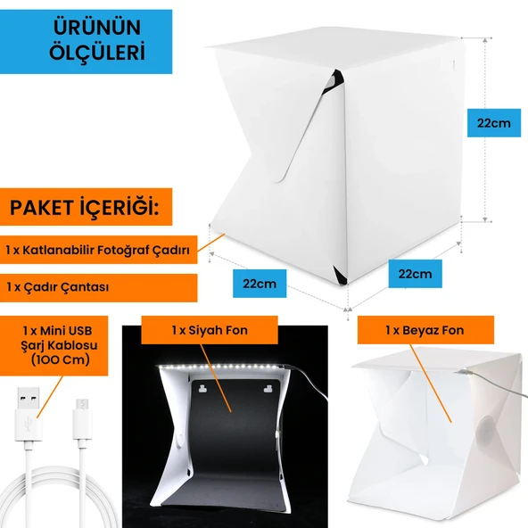 UpWay LED Işıklı Katlanır Beyaz Siyah Fonlu Mini Stüdyo Fotoğraf Çekim Çadırı - 7