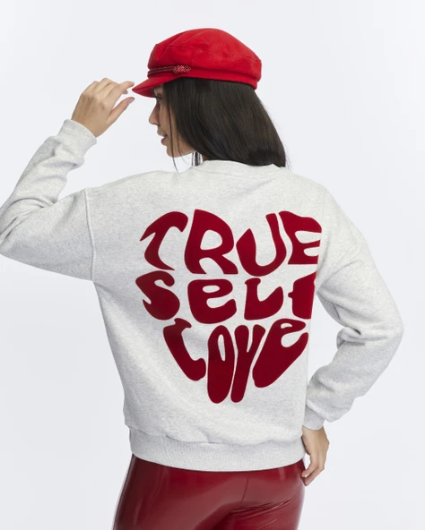Kadife True Self Love Desenli Gri Melanj Yumuşak Dokulu Regular Fit Bisiklet Yaka Kadın Sweatshirt - 3