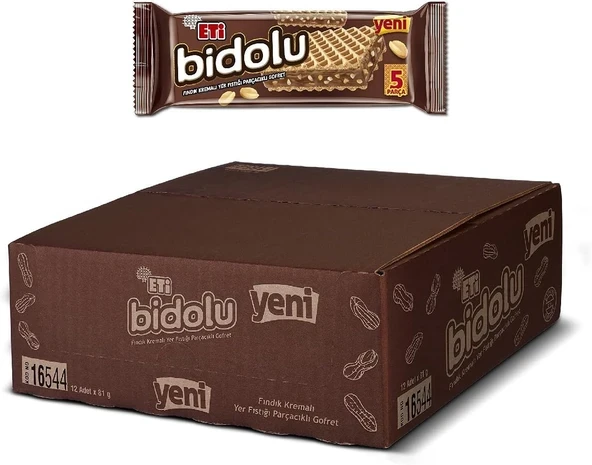 Eti Bidolu Fındık Kremalı Yer Fıstığı Parçacıklı Gofret 81 g x 12 Adet