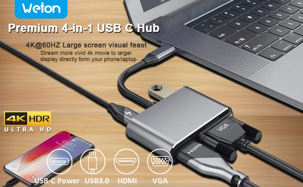 Type-C 4 in 1 4k HDMI VGA Usb 3.0 Type-C Şarj Girişli Adaptör - Resim 7