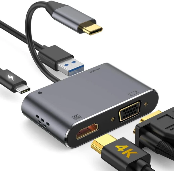 Type-C 4 in 1 4k HDMI VGA Usb 3.0 Type-C Şarj Girişli Adaptör ürün görseli