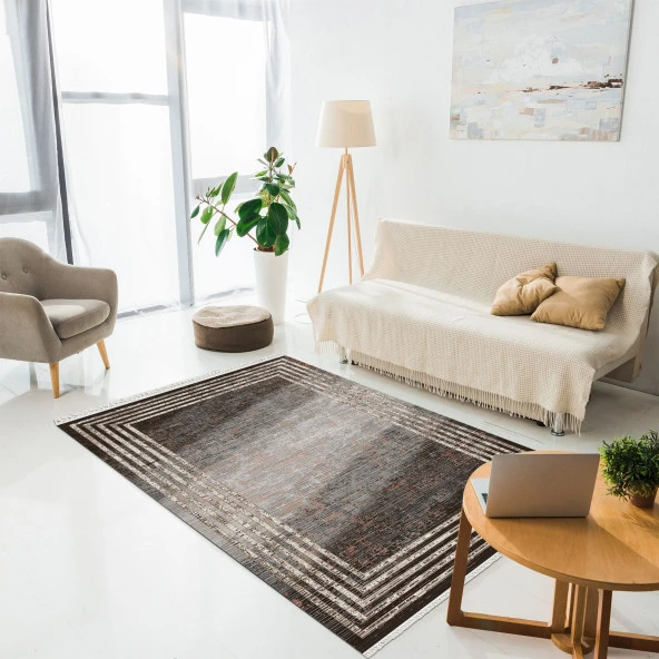 Baskılı Halı Siyah Gri Çizgiler Desenli Kaymaz Taban Saçaklı Modern Dekoratif Makinada Yıkanabilir - 2