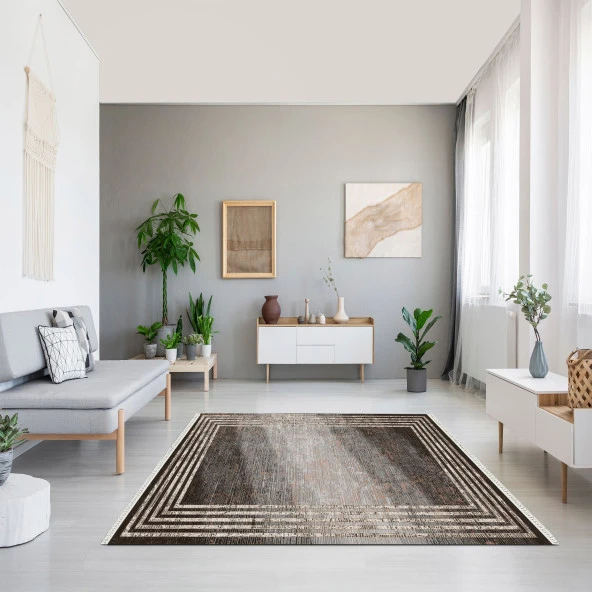 Baskılı Halı Siyah Gri Çizgiler Desenli Kaymaz Taban Saçaklı Modern Dekoratif Makinada Yıkanabilir - 3