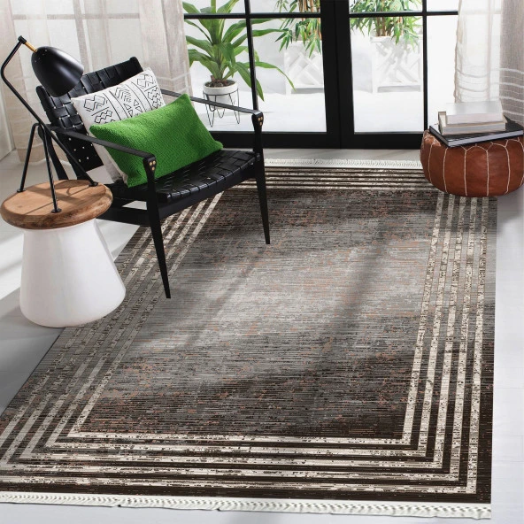 Baskılı Halı Siyah Gri Çizgiler Desenli Kaymaz Taban Saçaklı Modern Dekoratif Makinada Yıkanabilir - 4