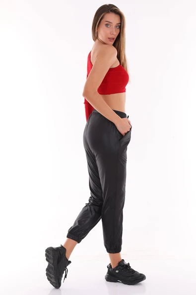 Kadın Deri Görünümlü Beli Lastikli Çimalı Esnek Rahat Pantolon - 10