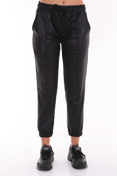 Kadın Deri Görünümlü Beli Lastikli Çimalı Esnek Rahat Pantolon - 11