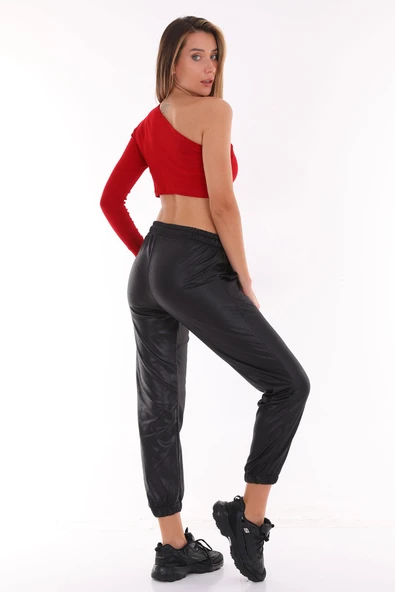 Kadın Deri Görünümlü Beli Lastikli Çimalı Esnek Rahat Pantolon - 12