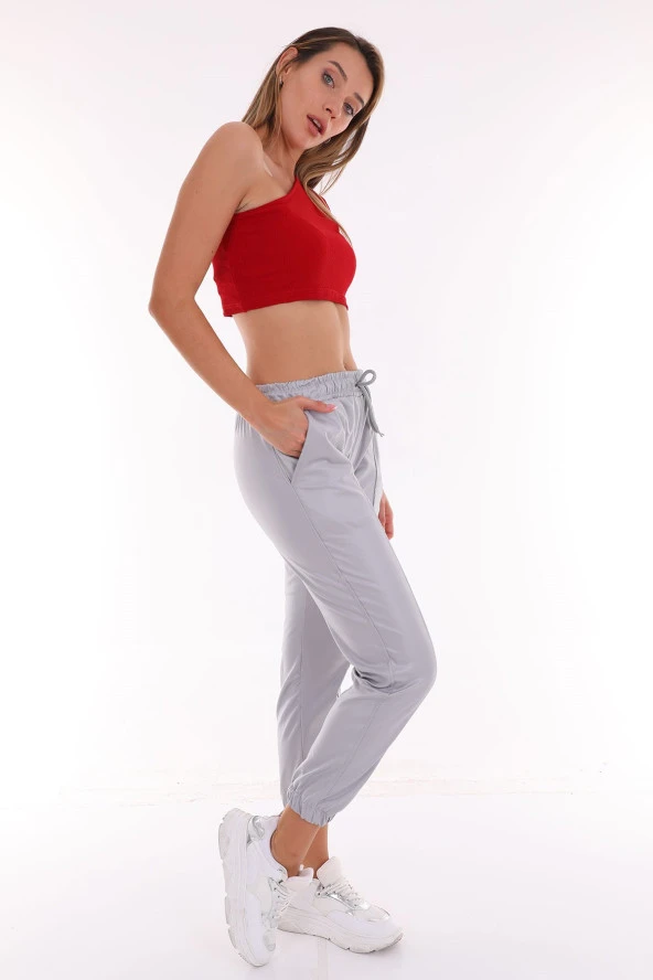 Kadın Deri Görünümlü Beli Lastikli Çimalı Esnek Rahat Pantolon - 3